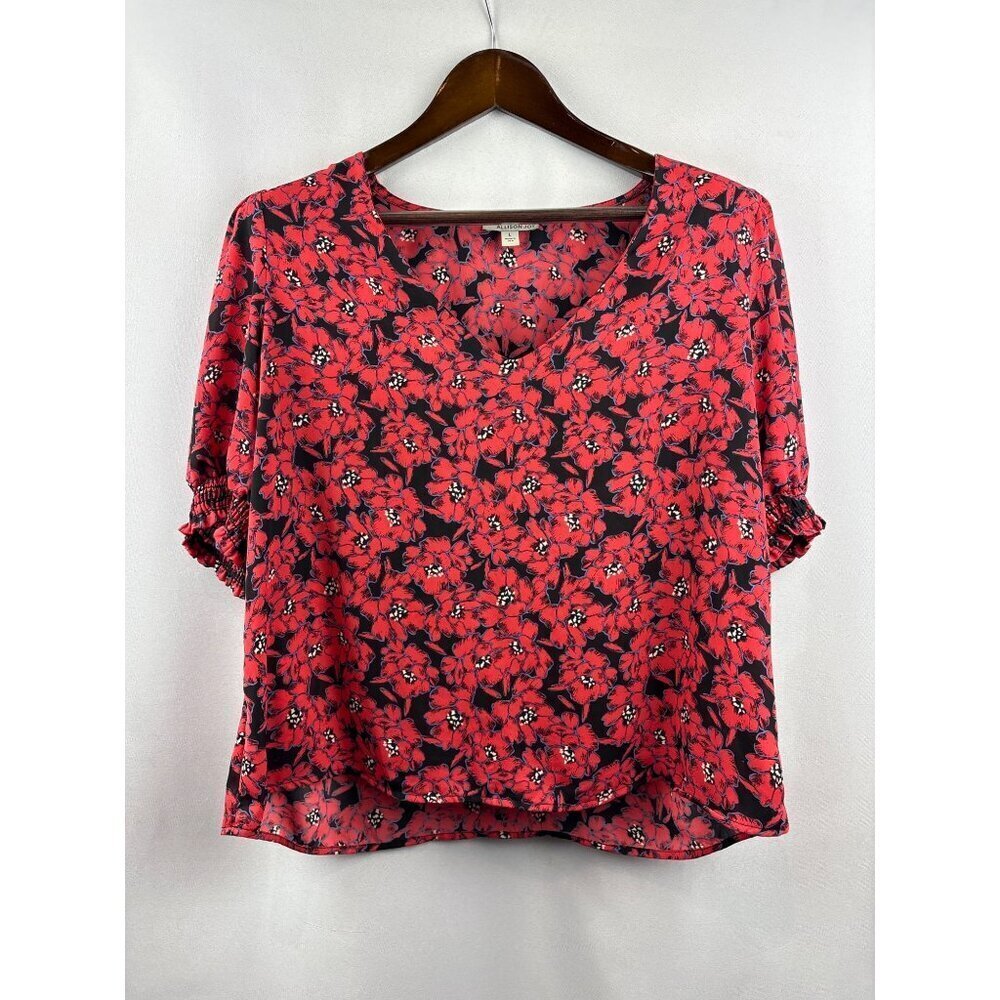 Women’s Allison Joy Large Black & Red Floral Short Sleeve Blouse